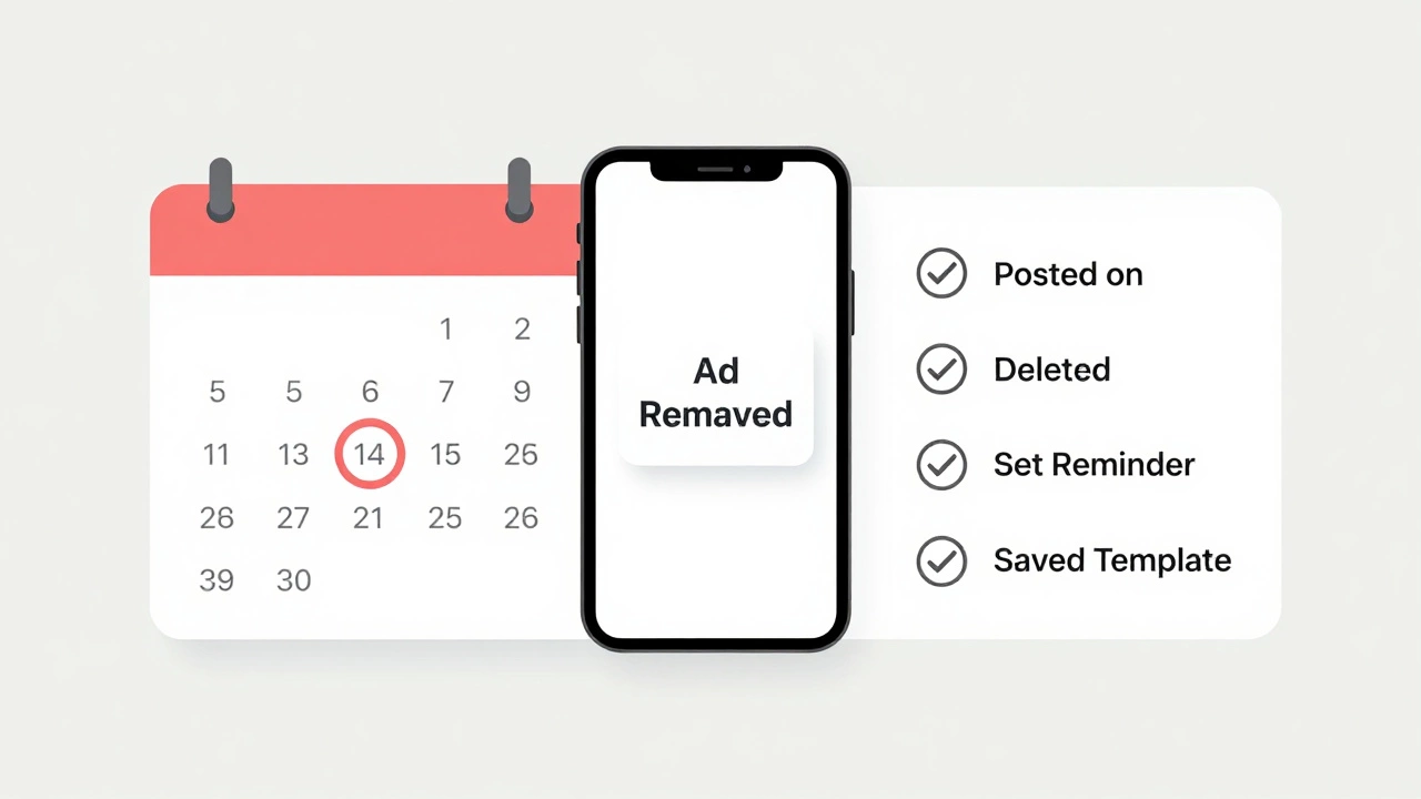 Calendar with reminder set and smartphone showing ad removal notification alongside a completed checklist.