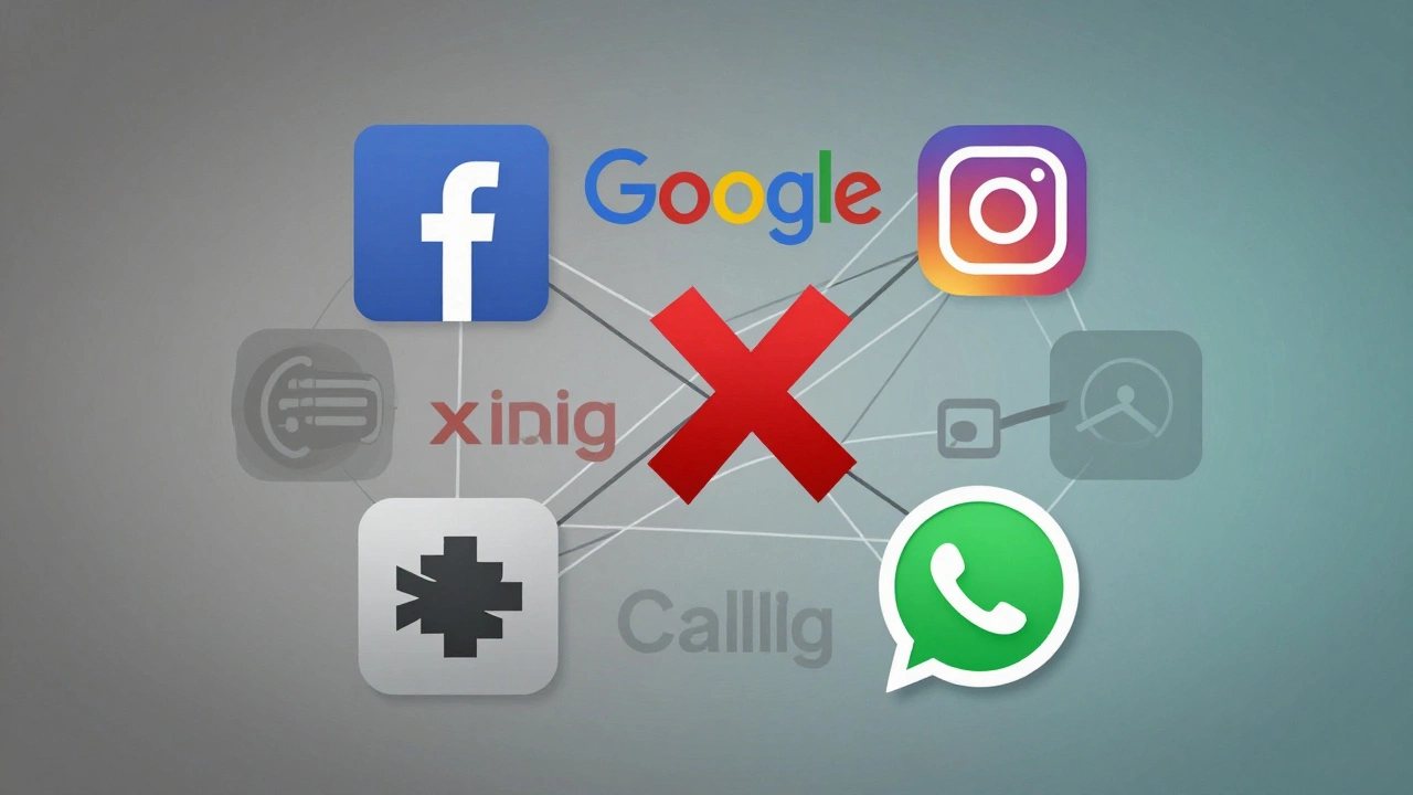 Digital icons connected by lines, with one red X removing the Facebook link from the web.